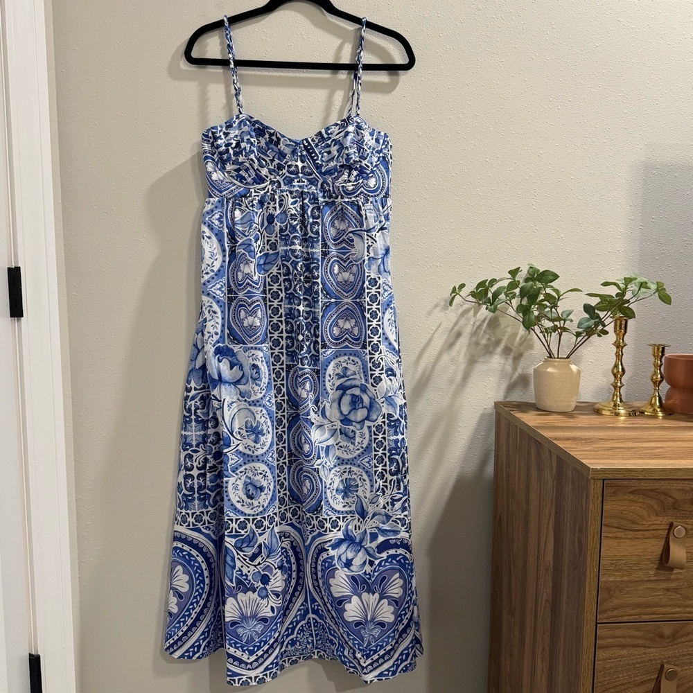 Caroline Constas NWT Medium Blue White Floral Sweatheart Midi Dress Boho Resort